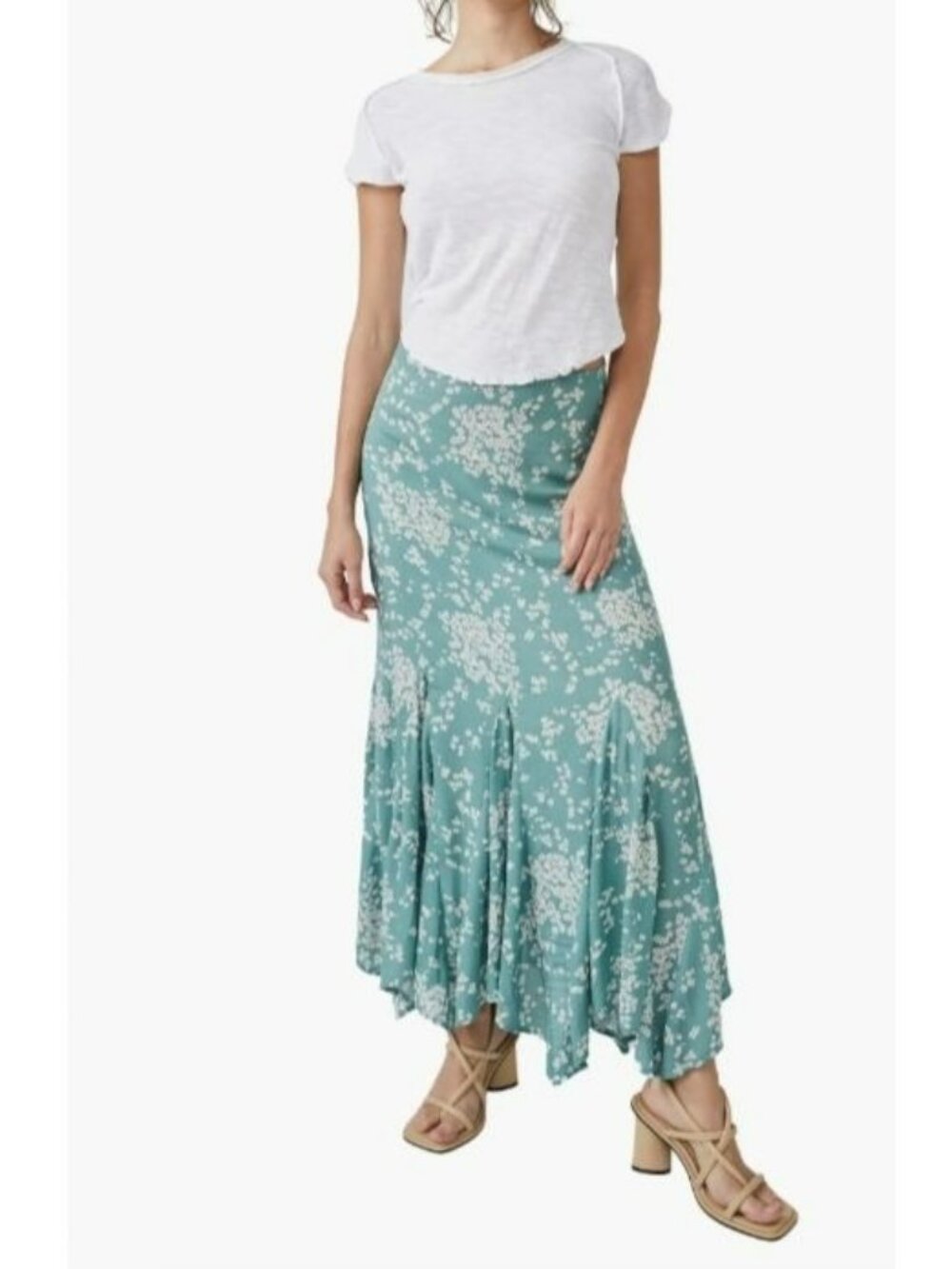Free People Green Floral Handkerchief Hem Midi Skirt Size 4 Womens